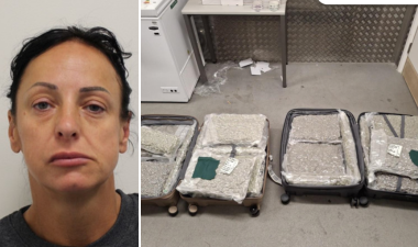 (left) Amy Durban / (right) suitcases filled with cannabis laid out on the floor